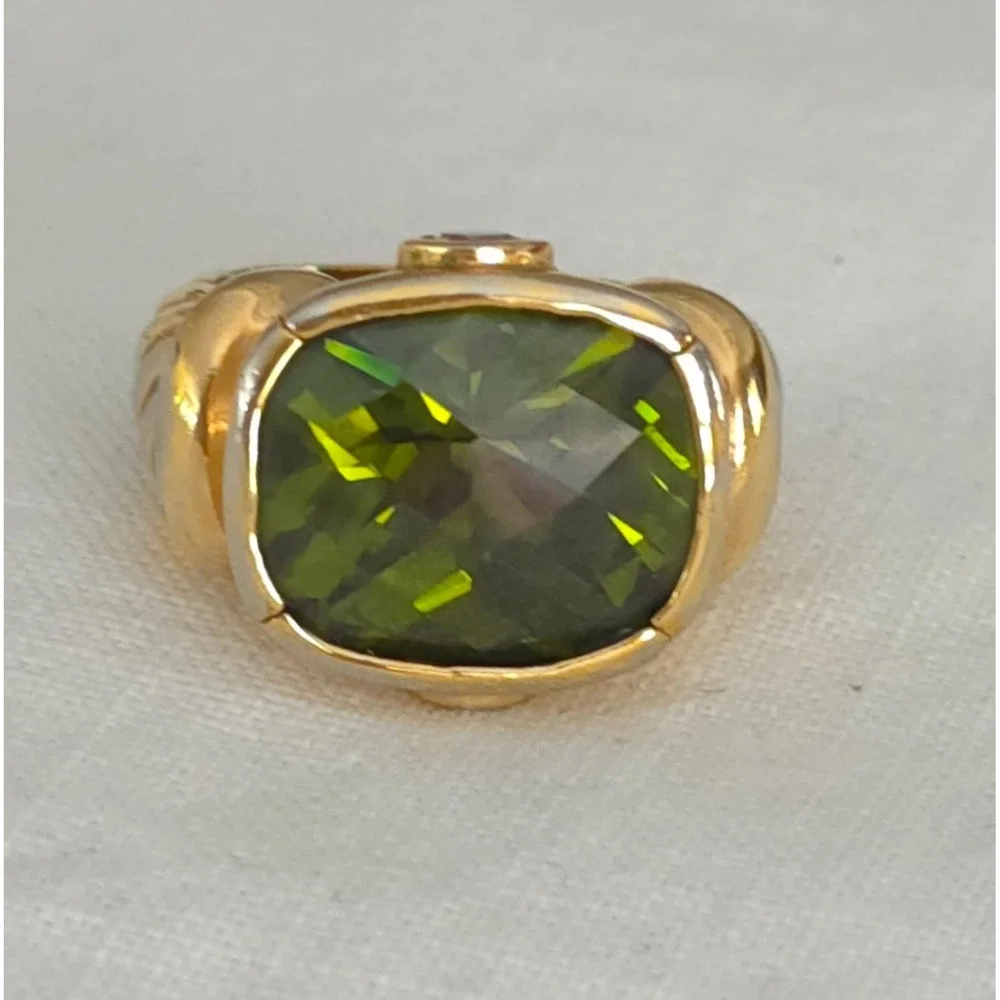 Vintage Sterling 925 Gold Tone Chunky Ring Green Faceted Glass Stone PAS Size 8